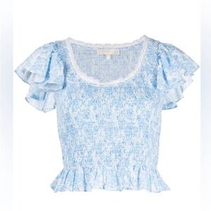 LoveShackFancy Milta Blue Ruffle Sleeve Top in spa blue
